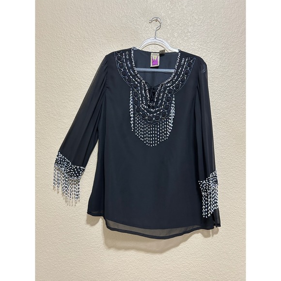 Anthony Original Tops - Anthony Original Tunic Top L Black Beaded Fringe Lace Up Chiffon Boho Festival